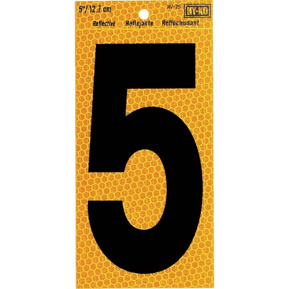 Hy-Ko RV-75/5 5" Black/Yellow Vinyl Self-Stick Reflective House Number 5