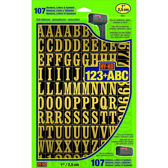 Hy-Ko Self-Adhesive Vinyl Numbers and Letters, 1 Inch High, Black & Gold, 107 Pieces