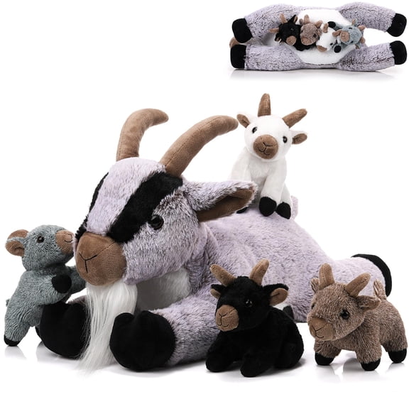 HyDren 5 Pcs Stuffed Goat Plush Toy Set 18 Inch Mommy Goat Stuffed Animal with 4 Babies Plushies in Her Tummy Soft Farm Plush Pillow Gifts for Kids Christmas Birthday Party Favor(Grey) A101