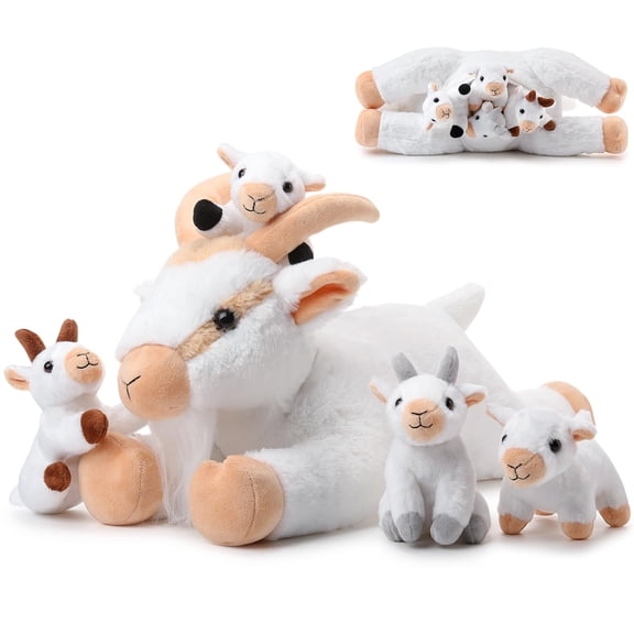 HyDren 5 Pcs Stuffed Goat Plush Toy Set 18 Inch Mommy Goat Stuffed Animal with 4 Babies Plushies in Her Tummy Soft Farm Plush Pillow Gifts for Kids Christmas Birthday Party Favor(White) A101