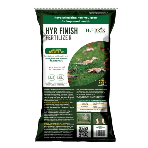 HyR BRIX 10-0-0 HyR Finish Fertilizer, 45lb Bag - Slow-Release Granular with Calcium & Sulfur - for Late Summer & Fall Lawn Prep - Covers 4,500 Square Feet