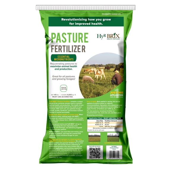 HyR BRIX 12-6-5 Pasture Fertilizer, 45lb Bag - Balanced Nutrition for Healthy Forage, Improved Pasture Growth & Livestock Performance - Covers 4,000 Square Feet