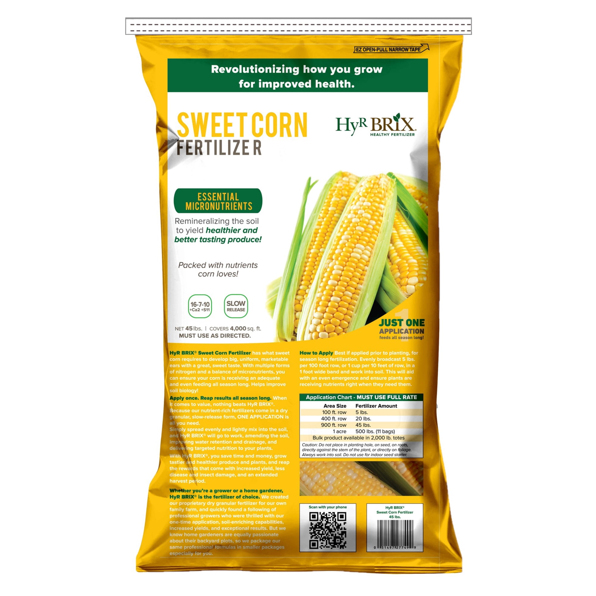 HyR BRIX Slow-Release 16-7-10 Sweet Corn Fertilizer, 45lb Bag - Corn Food with Calcium & Sulfur - Essential Micronutrients for Big, Uniform Ears & Sweet Flavor