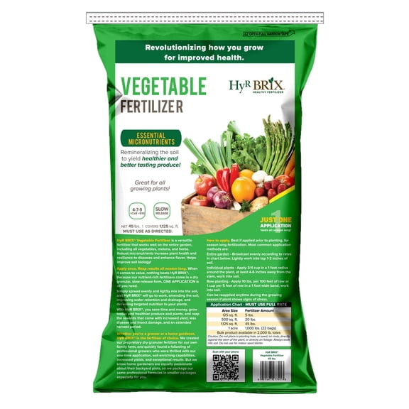 HyR BRIX Slow-Release 4-7-9 Vegetable Fertilizer, 45lb Bag - Garden Fertilizer with Calcium & Sulfur - Essential Micronutrients for Healthier Produce - Made for Variety of Crops