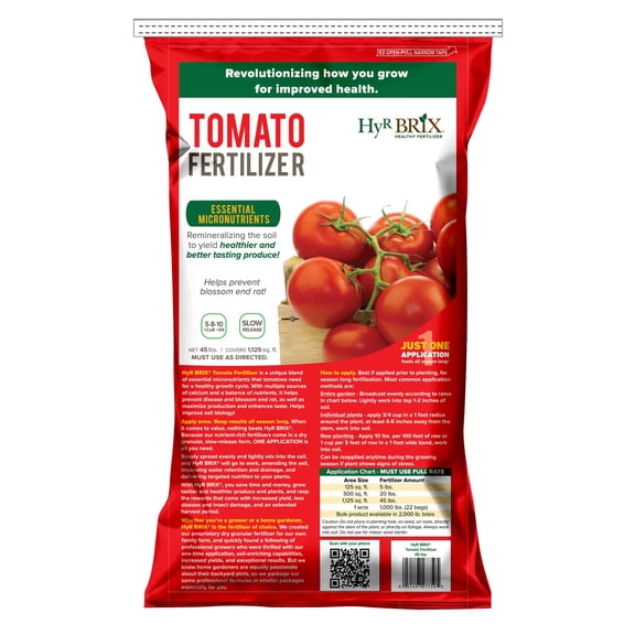 HyR BRIX Slow-Release 5-8-10 Tomato Fertilizer, 45lb Bag - Garden Food with Calcium & Essential Micronutrients  Supports Fruit Development, Helps Prevent Blossom End Rot