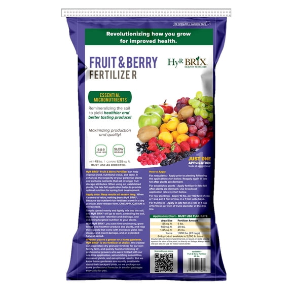 HyR BRIX Slow-Release 6-8-9 Fruit & Berry Fertilizer, 45lb Bag - Plant Food with Calcium & Sulfur - Essential Micronutrients for Better-Tasting Fruit & Higher Yields