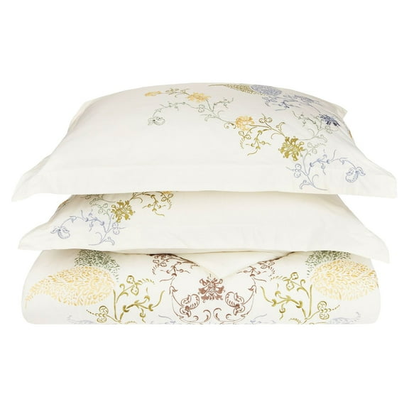 Hyacinth 100% Cotton Oriental Floral Embroidered Duvet Cover Set King/Cal King