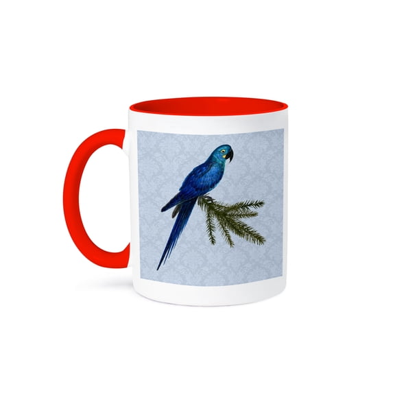 Hyacinth Macaw Parrot Vintage Art With Blue Damask, 11oz Two-Tone Red Mug