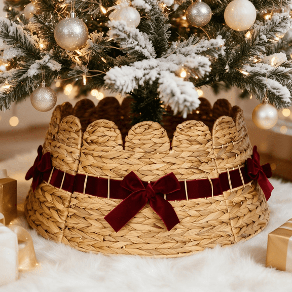Hyacinth Rattan Tree Collar, 24 inch Wicker Christmas Tree Collar with Cord Cut-Out & Scalloped Bow, Woven Tree Skirt for Rustic Farmhouse Xmas Decor