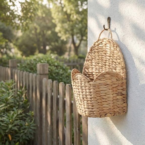 Hyacinth Square Hanging Basket with Handle, Scalloped Rattan Wall Storage & Decor for Home, Bathroom, Kitchen, Living Room