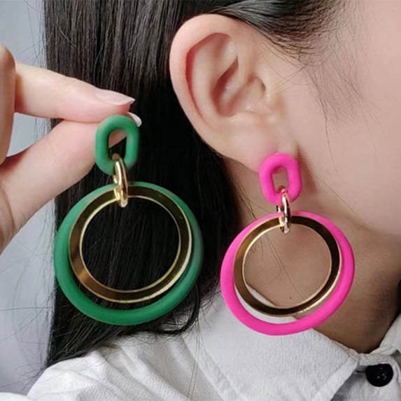 Hyasfey 1 Pair Circle Stitching Hollow Stud Earrings Acrylic Hoop Splicing Drop Earrings Colorful Contrast Geometric Lightweight Dangle Earrings