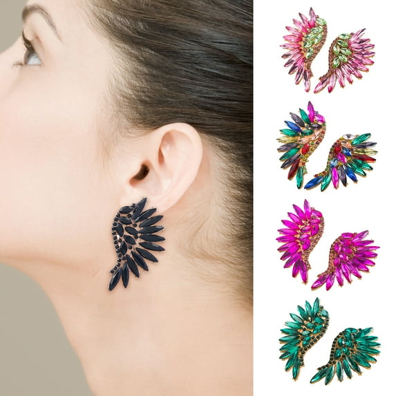 Hyasfey 1 Pair Ear Studs Shining Europe And America Exaggerated Fan-shaped Rhinestone Decorate Colorful Retro Stereo Angel Wings Stud Earrings Costume Accessories
