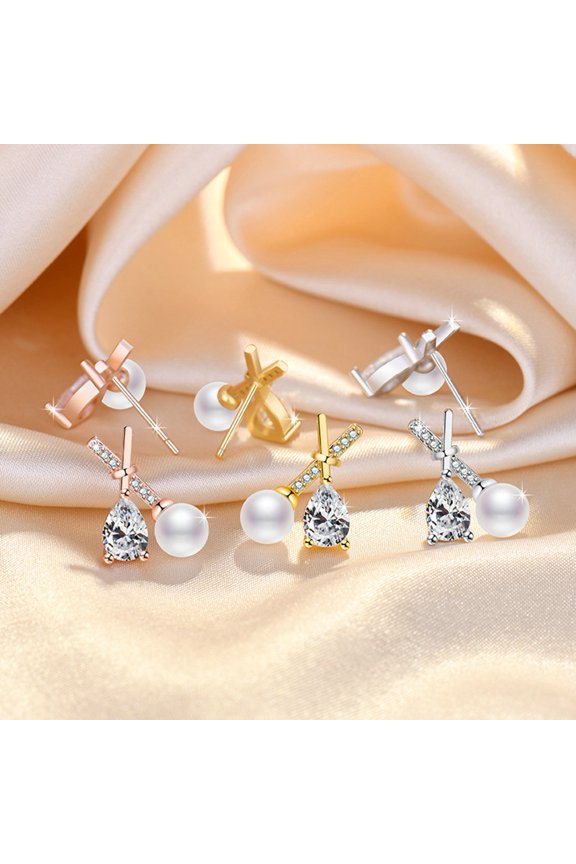 1 Pair Ear Studs X Shaped Shining French Style Rhinestone Inlaid High Gloss Decoration Irregular Faux Zircon Pearl Women Earrings for Party