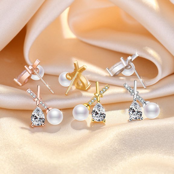 Hyasfey 1 Pair Ear Studs X Shaped Shining French Style Rhinestone Inlaid High Gloss Decoration Irregular Faux Zircon Pearl Women Earrings for Party