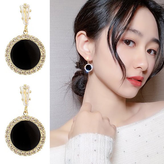 Hyasfey 1 Pair Stud Earrings Geometric Black Elegant Temperament Luxury Rhinestone Inlaid Round Dangle Earrings Fashion Jewelry