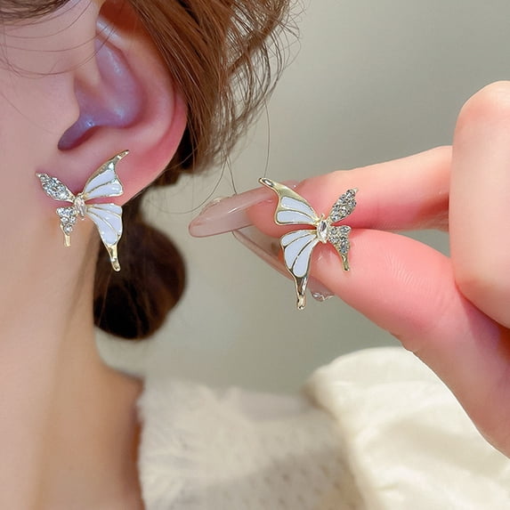 Hyasfey 1 Pair Women Ear Studs Butterfly Shape Rhinestone Decor Smooth Anti-rust Prom Dating Commute Party Stud Earrings Ear Jewelry