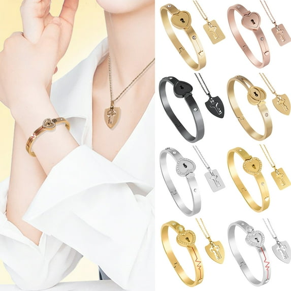 Hyasfey 1 Set Bracelet Choker Set Vintage Shining Rhinestone Inlaid Bright Luster Concentric Lock Valentines Day Gift Titanium Steel Couple Heart Bangle Key Pendant Necklace Jewelry Set for Daily Life