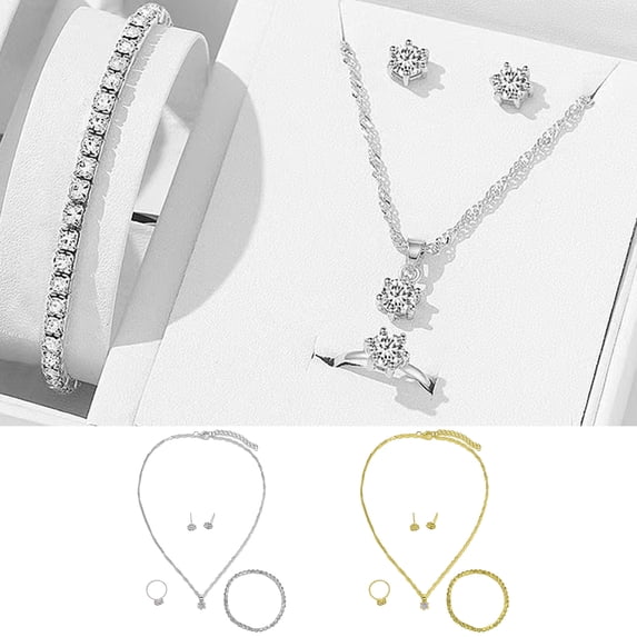 Hyasfey 1 Set Women Jewelry Set Earrings Bracelet Necklace Ring Rhinestone Adjustable Ring Stainless Colorfast Lightweight Lady Birthday Gift Mother Present