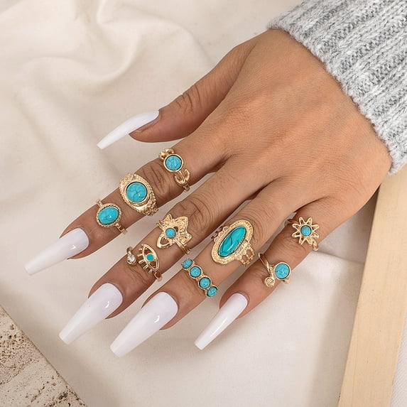 Hyasfey 20Pcs/Set Vintage Bohemian Open End Adjustable Ring Set Crown Eagle Shape Faux Turquoise Knuckle Rings Fashion Jewelry Gift