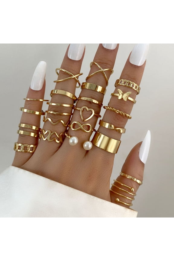 22Pcs/Set Women Rings High Gloss Polished Hypoallergenic Assorted Alloy Gift Fashion Jewelry Hollow Love Heart Finger Opening Rings for Party