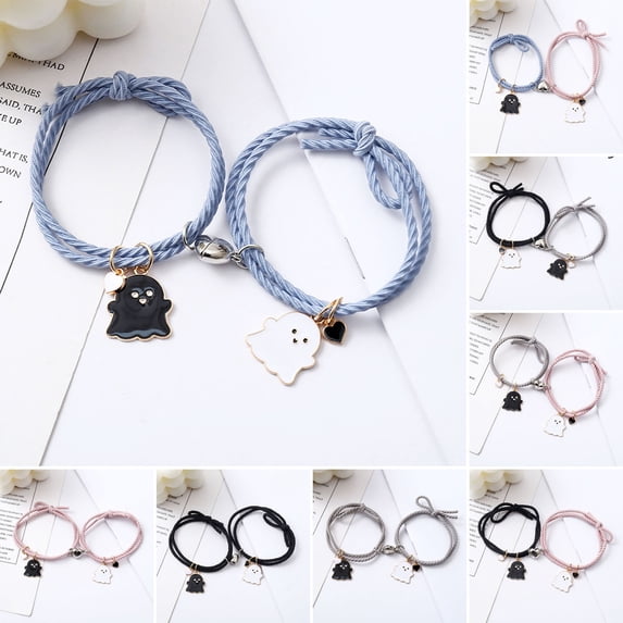 Hyasfey 2Pcs Elastic Rope Love Heart Magnet Suction Bracelet Halloween Ghost Pendant Couple Bracelet Men Women Jewelry Gift