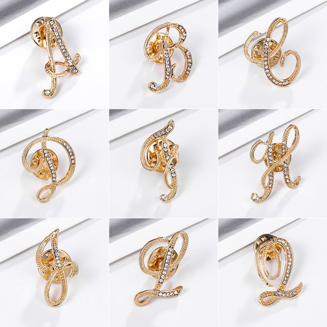 Hyasfey Badge Pin Shiny Rhinestones High Gloss Geometric Personality Dress Up Jewelry 26 English Letters Lapel Pin Women Jewelry