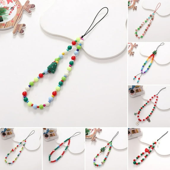 Hyasfey Christmas Tree Snowman Santa Claus Bell Decor Phone Lanyard Colorful Beads Mobile Phone Wristband Anti-Loss Chain Jewelry Gift