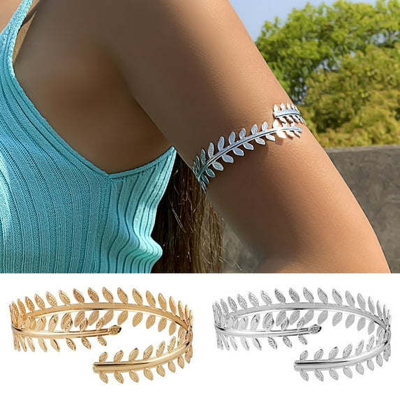 Hyasfey Cuff Bracelet Vintage Punk Geometric Electroplating Adjustable Opening Decorative Gift Women Girl Metal Feather Leaf Upper Arm Bangle Armband for Daily Wear