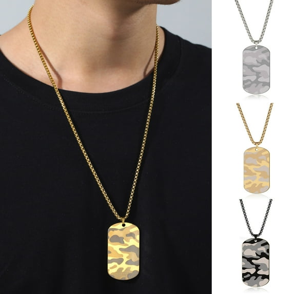 Hyasfey Men Necklace Hip Hop Camouflage Geometric Electroplating Box Chain Dress Up Stainless Steel Male Dog Tag Pendant Necklace Fashion Jewelry for Daily Wear