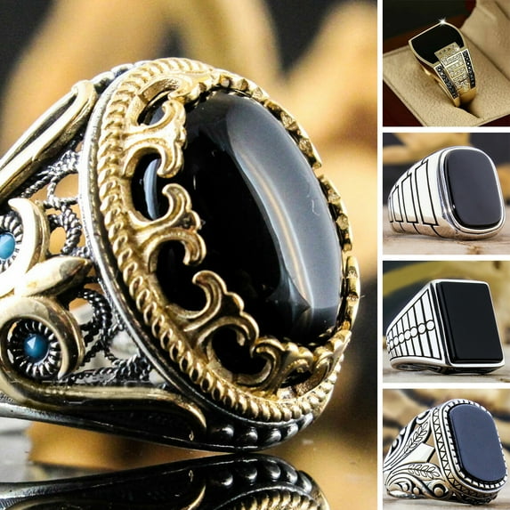 Hyasfey Men Ring Ancient Pattern Vintage Metal Carving Party Trendy Punk Zircon Ring Wedding Jewelry