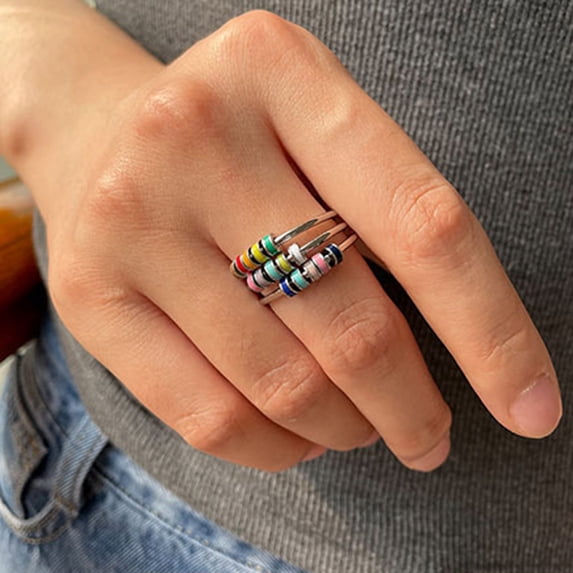 Hyasfey Open Ring Adjustable Fine Workmanship Anxiety Relief with Enamel Bead Opening Decoration Accessory Unisex Stacking Spinning Ring for Daily Wear