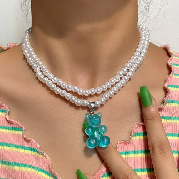 Hyasfey Pendant Necklace Double Layer Faux Pearl Transparent High Gloss Bright Finish Neck Decoration Accessory Creative Candy Bear Pendant Beaded Necklace for Daily Wear