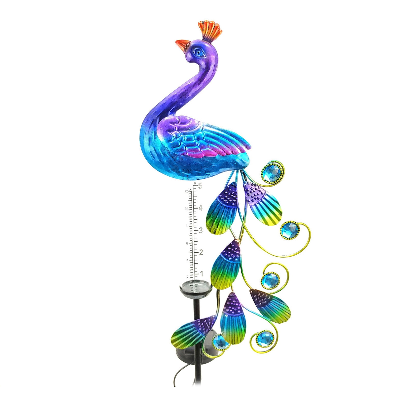 Hyasfey Solar Peacock Rain Gauge Outdoor Freeze-Proof Water Gauge Lighted Peacock Rainfall Indicator with Metal Stake for Garden Lawn Decor