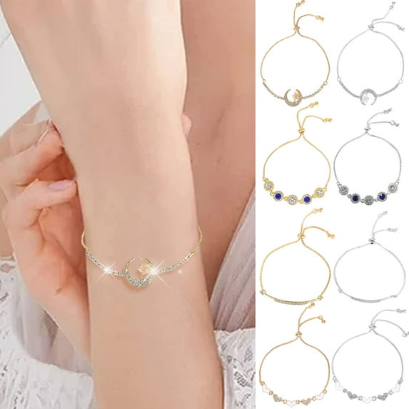 Hyasfey Women Bracelet Heart Moon Pendant Cubic Zirconia Decor Hollow Adjustable Length Stainless Lightweight Tassel Lady Wrist Chain Girlfriend Present