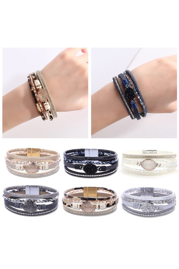 Women Cuff Bangle Four Layers Faux Rhinestone Retro Fake Leather Magnetic Clasp Girls Wrap Bracelet Fashion Jewelry Gift