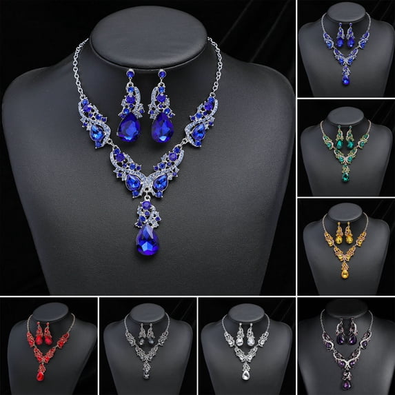 Hyasfey Women Necklace Earrings Set Luxury Symmetric Retro Rhinestone Hollow Out Anti-allergy Hanging Earrings Bridal Wedding Prom Anniversary Jewelry Set