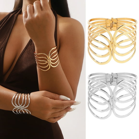 Hyasfey Women Open Bracelet Hollow Out Multi-layered Retro Style Electroplated Alloy Adjustable Club Party Celebrity Wrist Bangle Lady Decorative Jewelry Arm Cuff