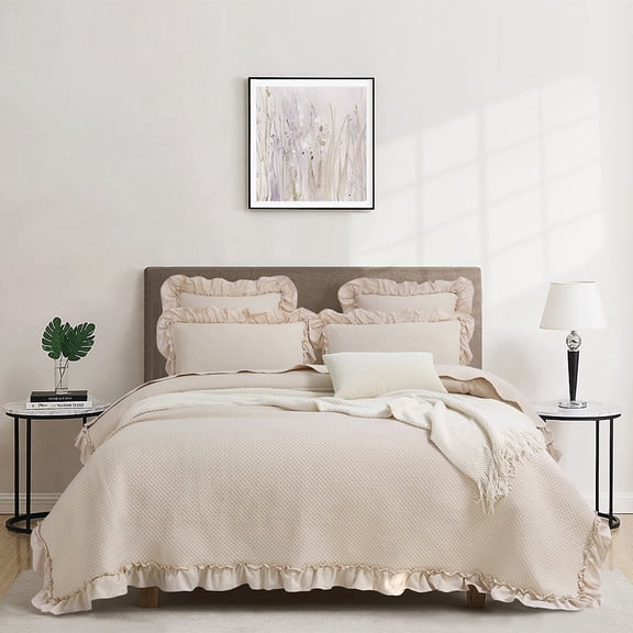 Hyashoshi Beige King Size Quilt Set, 3 Pieces 100% Washed Cotton King Size Bedspread Coverlet, Lightweight Ruffle Quilted Bedding Set with 2 Pillow Shams