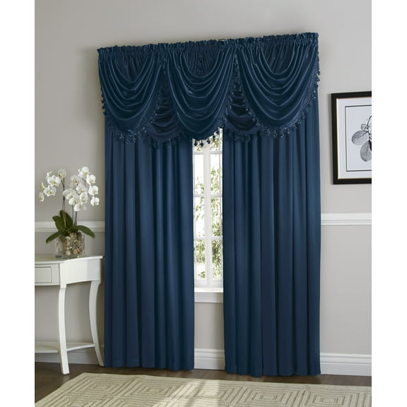 Hyatt Window Curtain & Fringed Valance Complete 9 Piece Window Treatment Set - Navy