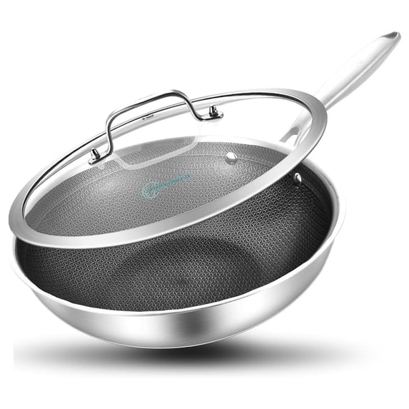 Hybird 10 Inch Ceramic Nonstick Wok Pan with Glass Lid, Tri-Ply ...