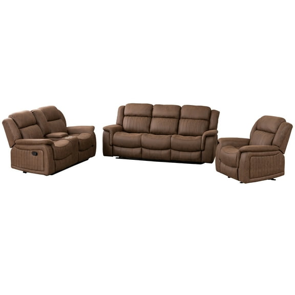 Hybition 3 Piece Fabric Reclining Living Room Set with Cup Holders Storage Brown