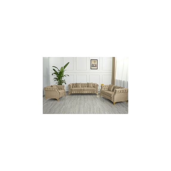Hybition 3 Piece Living Room Set, Mid-century Style Sofa,Button Tufted Armchair Loveseat Couch with Square Pillows and Nailhead Trim for Living Room - Beige