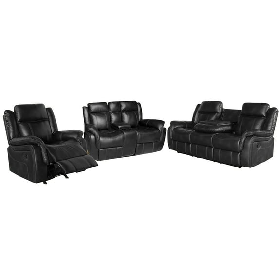Hybition 3-Piece Living Room Set, PU Leather Reclining Sofa Set, Hidden Console with Cup Holders, Storage Box-Color:Black