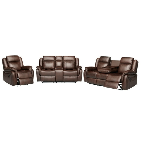 Hybition 3-Piece Living Room Set, PU Leather Reclining Sofa Set, Hidden Console with Cup Holders, Storage Box-Color:Brown