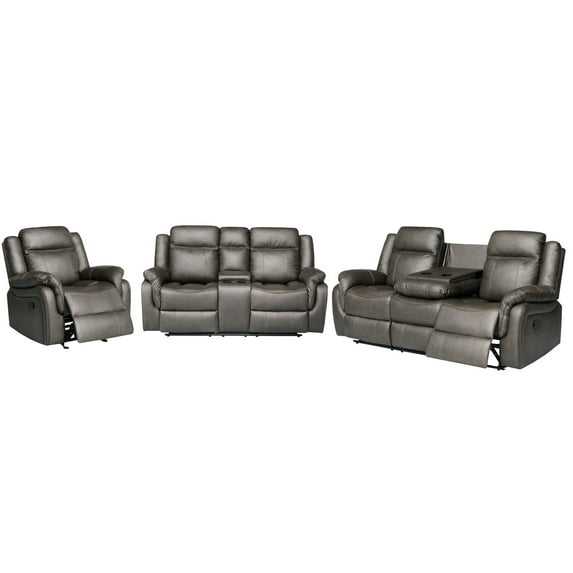 Hybition 3-Piece Living Room Set, PU Leather Reclining Sofa Set, Hidden Console with Cup Holders, Storage Box-Color:Grey