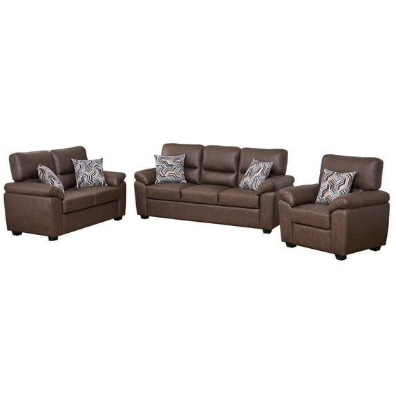 Hybition 3-Piece Living Room Sofa Set, Matte Faux Leather, with Geometric Pillows-Color:Brown