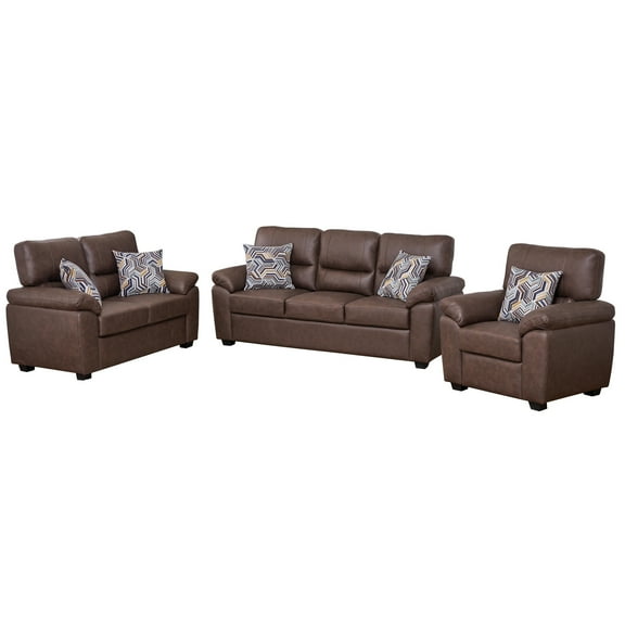 Hybition 3-Piece Living Room Sofa Set, Matte Faux Leather, with Geometric Pillows-Color:Brown