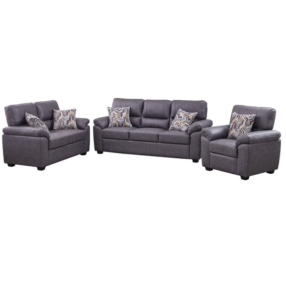 Hybition 3-Piece Living Room Sofa Set, Matte Faux Leather, with Geometric Pillows-Color:Dark Grey