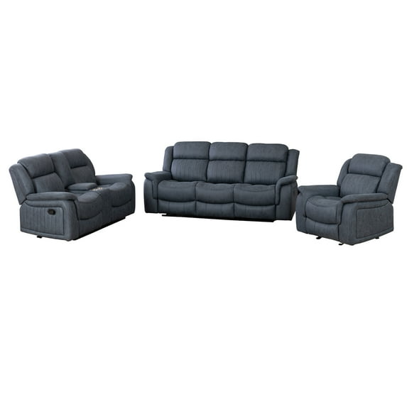 Hybition 3-Piece Recliner Living Room Set - Sofa, Loveseat & Chair w/ Storage & Cup Holders-Color:Grey