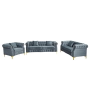 Hybition 3-Pieces Living Room Set Modern Velvet Sofa Set & Golden rivets-Grey